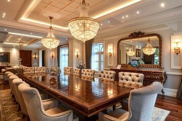 Poster - Spacious Dining Room with a Long Wooden Table, Elegant Chandeliers, Upholstered Chairs