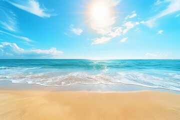 Wall Mural - Beautiful background image of golden Mediterranean sand beach, sea surf with white foam, turquoise water, and blue sky with white clouds during a bright summer day.