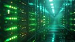 © Natalia - Illuminated server room with green and blue LED lights, showcasing detailed server racks