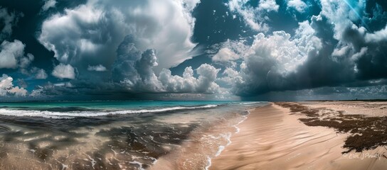 Wall Mural - Widescreen image of nature on the Mediterranean coast with rough seas and disturbing thunder clouds on horizon.