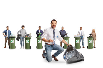 Poster - People with recycling materials and a businessman kneeling and collecting bottles in a plastic bag