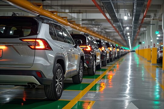 A modern car dealership with rows of vehicles, illuminated in an underground garage.