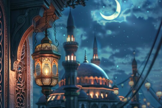 This is an original traditional ornate oriental lantern with beautiful bokeh of holiday lights in the background and a mosque in the foreground. AI generated.