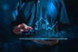 © Smallroombigdream - real estate investment concept energy efficiency rating and property value, Real estate online on virtual screens. new home for the family, home search, land price, property tax.