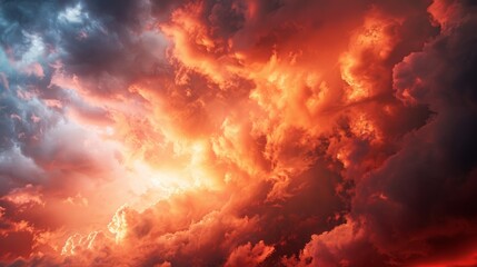 Wall Mural - A photo of a fiery red sunset sky, with dramatic clouds and fading light,