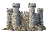 Medieval stone castle with multiple watchtowers, isolated on a transparent background. Ideal for historical, architectural, and fantasy themes.