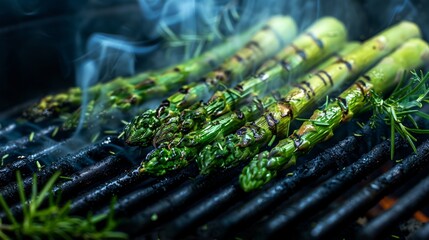 fresh raw asparagus spears being grilled on a barbecue. The asparagus is charred slightly, with grill marks visible. The spears are glistening with olive oil and herbs.
