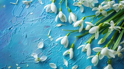 Sticker - Snowdrop Flowers Blue Background. Generative AI