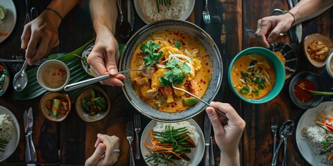 Wall Mural - thai bowl with vegetables and fresh herbs delicious looking from above