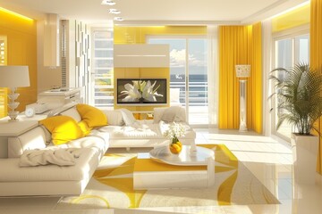 Wall Mural - AI-generated image of a bright white and yellow living room.