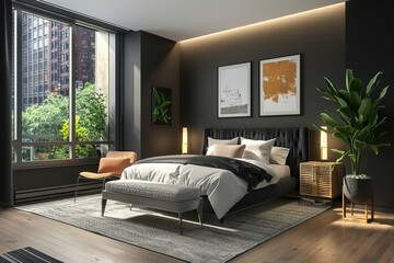 Wall Mural - Modern bedroom in light brown and beige tones. AI generated.