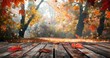 © Bundi - The background of this presentation features fallen dry orange leaves on wooden boards against a blurry autumn park backdrop in a beautiful, colorful autumnal color scheme.