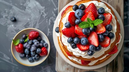 Sticker - Delicious homemade layered cake decorated with fresh strawberries and blueberries. Perfect treat for summer celebrations. Expertly crafted dessert ideal for culinary publications and food blogs. AI