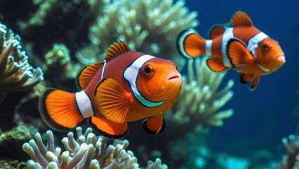 Wall Mural - Clown Fish Swimming Hunting For Food In Its Natural Habitat Underwater Photography Style 300 PPI High Resolution Image