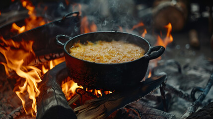 Wall Mural - A woman cook opens the lid of a saucepan or cauldron in which pilaf is cooked on an open fire in the grill ,Steam rises from the cauldron