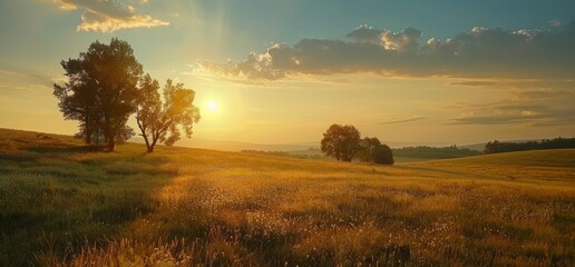 Wall Mural - Stunning natural landscape with golden sun rays passing through tree crowns. Farmland sunrise with vivid gold colors.