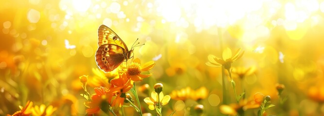 Wall Mural - Butterfly on daisy flower in nature outdoors close-up macro in warm yellow colors against the sunset backdrop. Panoramic nature banner.