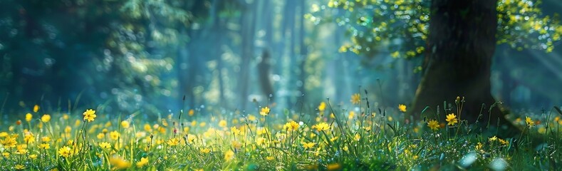 Wall Mural - Summer morning outdoors. Juicy young grass and yellow wild flowers.