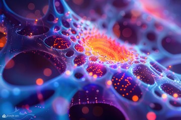 Wall Mural - A Mesmerizing Microscopic View of an Intricate and Glowing Pathogen in a Cyberpunk-Inspired Digital Art Rendering