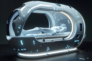 Wall Mural - A sleek and minimalist futuristic full-body scanning pod with cutting-edge biometric and holographic controls