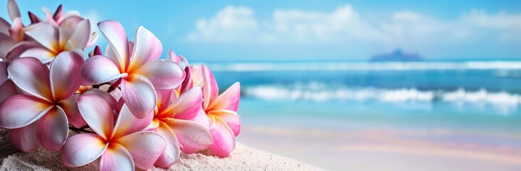 Wall Mural - The sand of a beach is decorated with frangipani flowers in summer.