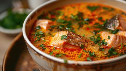 Eating salmon fish soup up close