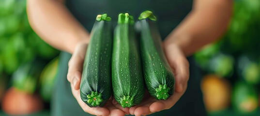 Wall Mural - Close up view of fresh zucchini held in hands, showcasing vibrant color and texture