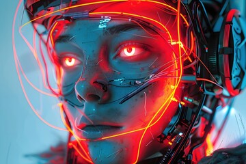 Wall Mural - Captivating Neon-Tinged Cybernetic Woman in Poignant Portrait with Augmented Synthetic Skin and Piercing LED Eyes