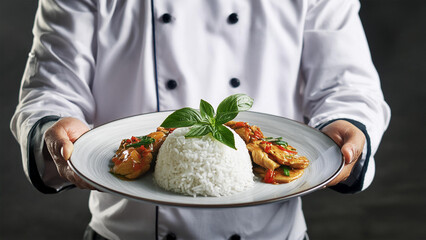 Wall Mural - Rice and chicken presentation on a plate from the chef