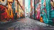 © Chayan - A graffiti covered alleyway with a brick walkway