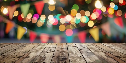 Wall Mural - A wooden table with a blurred background of party lights and colorful triangle flags. 