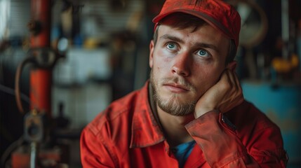 Poster - Thoughtful young craftsman in red work clothes. Generative AI.