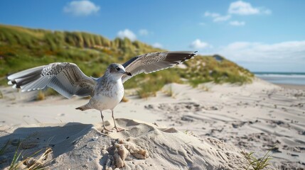 Wall Mural - A seagull is standing on a hill of sand at the beach with wings open, background. Generative Ai