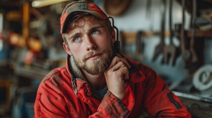 Poster - Thoughtful young craftsman in red work clothes. Generative AI.