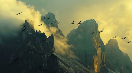 Wall Mural - Birds flying over misty mountain peaks in Dolomites, Italy