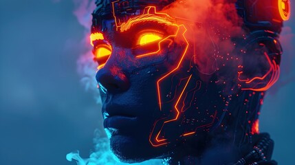 Sticker - Mesmerizing Neon Cyborg Woman in Dramatic Synthetic Portrait with Intense LED Eyes and Glowing Halo