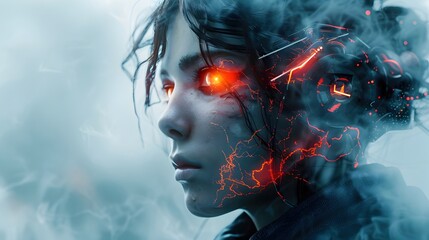 Poster - Mesmerizing Neon-Charged Cyborg Portrait Crackling with Energy and Ethereal Glow