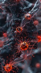 Wall Mural - Microscopic View of a Deadly Virus with Ominous Molecular Structures Pulsing in Deep Red and Black Tones