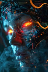 Poster - Radiant Cyborg Portrait:Neon-Infused Artificial Complexion Framed by Swirling Halo