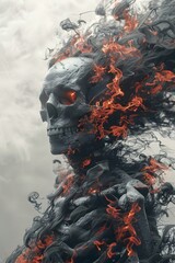 Sticker - Spectral Skeletal Figure Wreathed in Fiery Ink Flames,Focal Skull in Murky Foreboding Environment