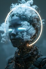 Poster - Striking Cyberhuman Portrait Wreathed in Wires and Luminescent LED Eyes Against Neon Halo Backdrop