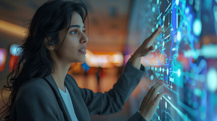 Poster - India business analysis, an Indian business woman accessing big touch screen. Generative AI.