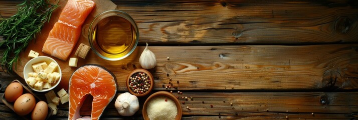 Wall Mural - Assortment of fresh and nutritious foods displayed on a rustic wooden background