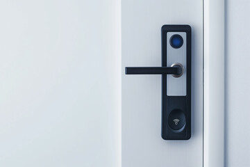 Sleek smart door lock system with digital keypad, fingerprint scanner, and keyhole for multiple access options on a white door