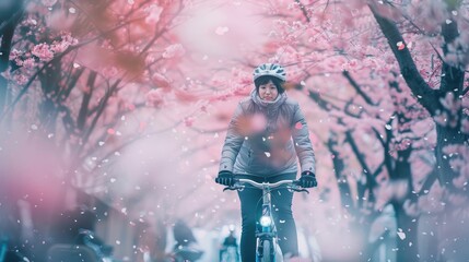 Wall Mural - The picture of the cyclist is riding on the road that has been surrounded with cherry blossom or sakura from the both side of the roadway with warm light from the sun in the spring of the year. AIG43.