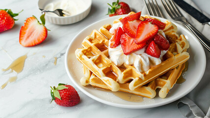 Wall Mural - A plate of golden-brown waffles with strawberries and cream, set against a white marble countertop with a fork and knife beside it. Ai generated