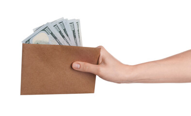 Wall Mural - Money exchange. Woman holding envelope with dollar banknotes on white background, closeup