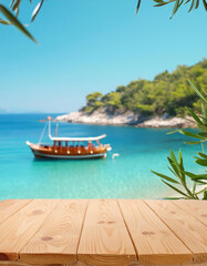 Wall Mural - Summer beach view with an empty wooden table against blurred touristic daily boat tour 