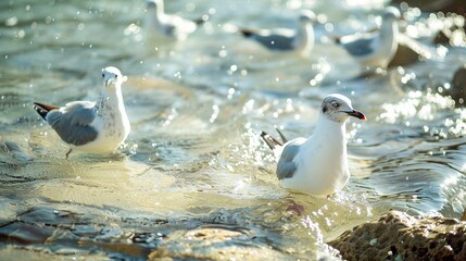 Wall Mural - Group Birds Seagulls Water Crain. Generative Ai