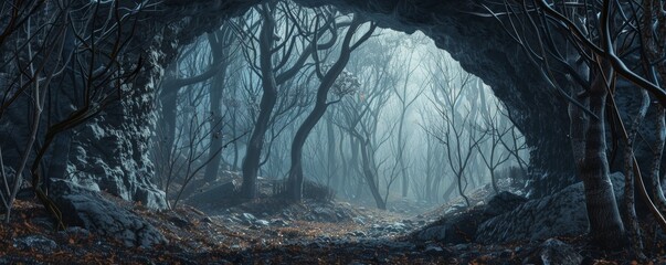 Poster - Entering the foggy forest from dark cave